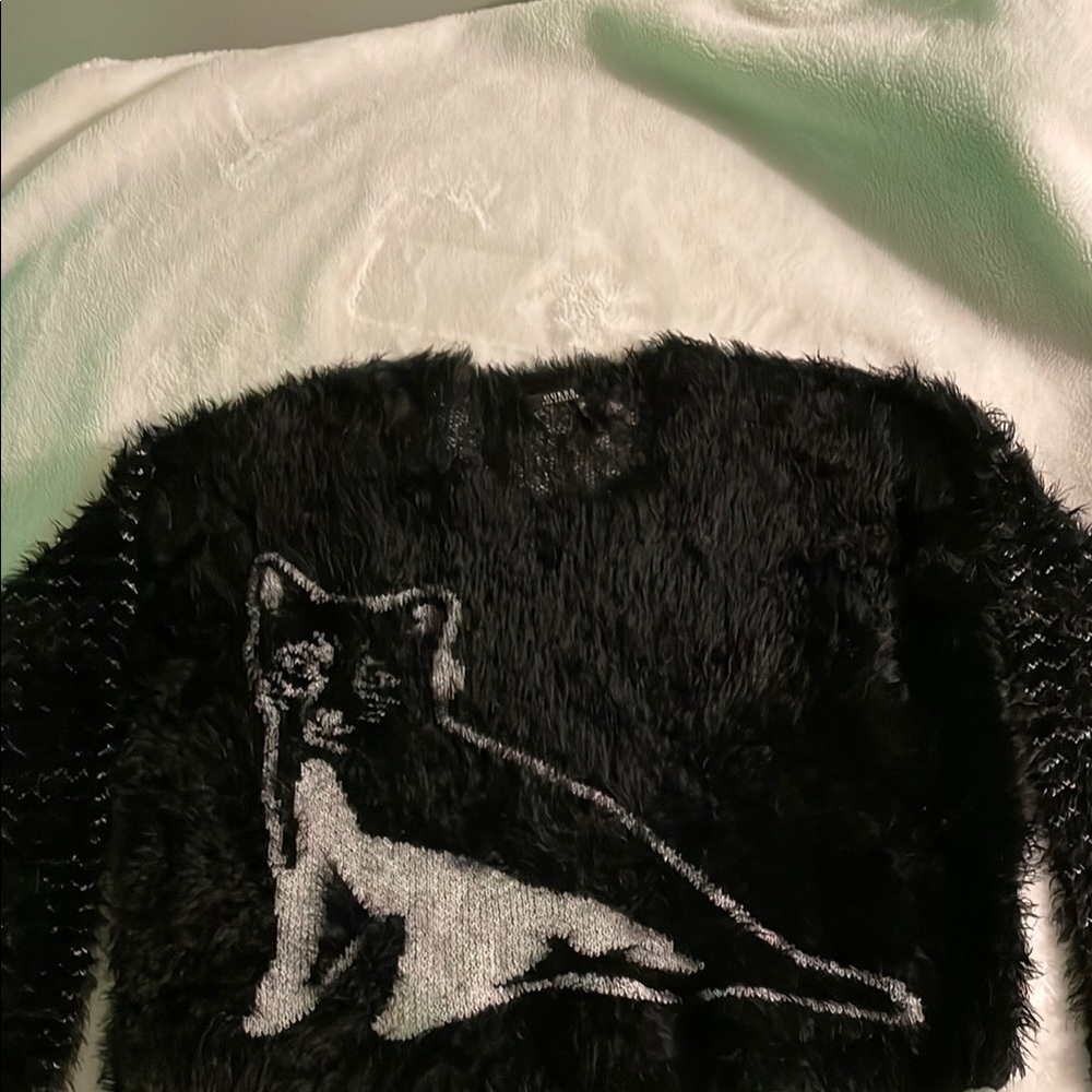 Black Furry Sweater with Cat Design by Guess